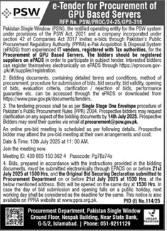 Pakistan Single Window Islamabad Tender Notice